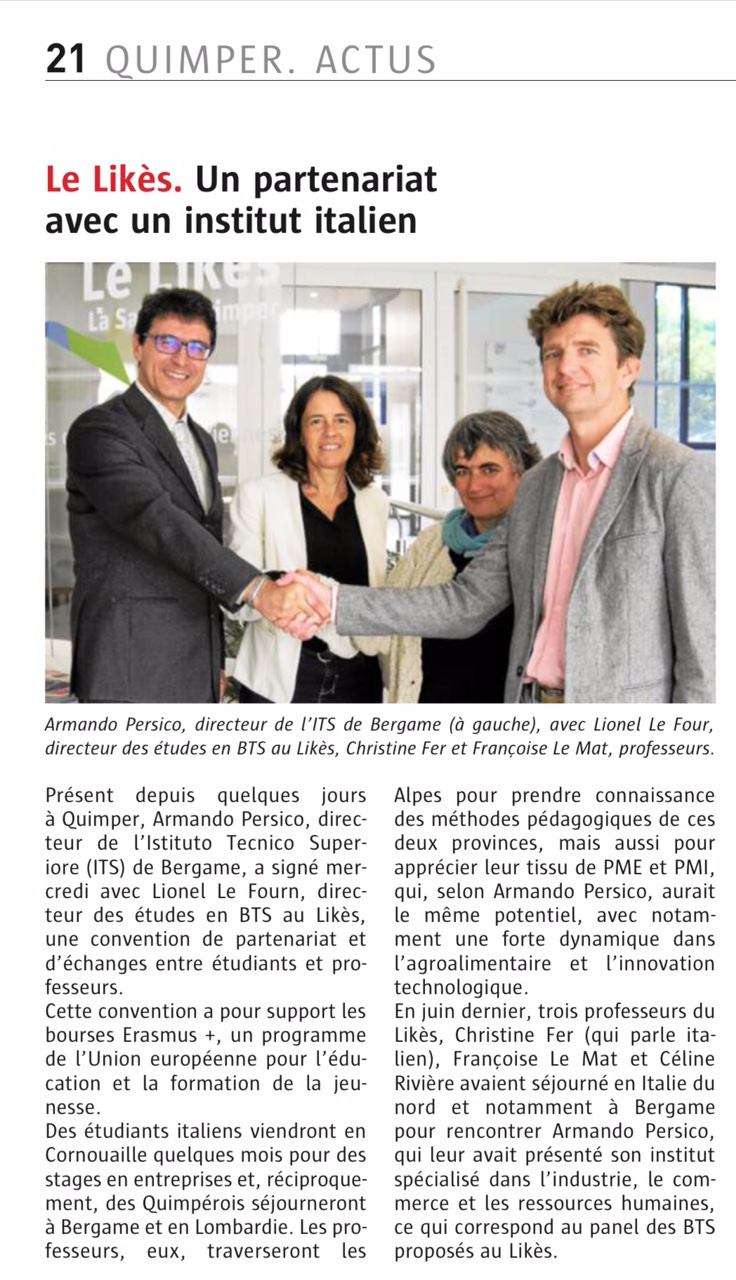 LE CAMPUS LIKÈS LA SALLE SIGNE UNE CONVENTION AVEC LA FONDAZIONE ITS À BERGAME