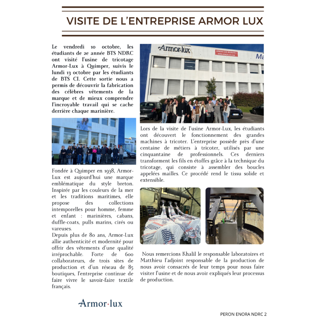 Visite de l'entreprise Armor-Lux pour les étudiants de BTS NDRC et CI